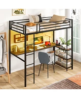 Loft Bed Raised Platform Bed with Desk and 2 Storage Shelves