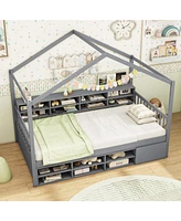 House Bed with Roof with 14 Storage Cubes and Enclosed Cabinet