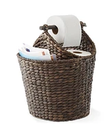 Casafield Toilet Paper Magazine Storage Basket with Roll Holder, Natural - Woven Water Hyacinth Wicker Bathroom Bin