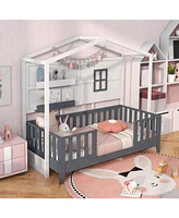 Wood House Bed Montessori Floor Bed with 2 Shelves and Guardrails