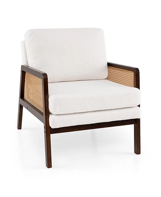 Mid Century Modern Accent Chair with Rattan Arms and Cushion