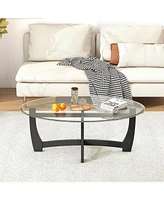 Oval Coffee Table with Tempered Glass Tabletop and Rubber Wood Legs