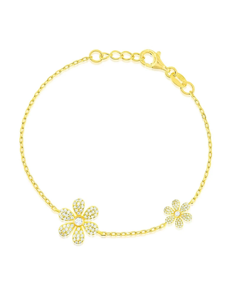 Etoielle Yellow Gold Tone Double Flower Pave Cubic Zirconia Bracelet Adjustable