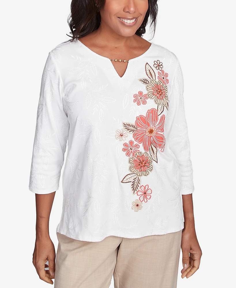 Alfred Dunner Women's Catalina Island Romantic Embroidered Floral Top