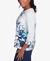 Alfred Dunner Women's Nantucket Fineline Floral Three Quarter Sleeve Top