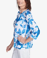 Alfred Dunner Women's Parrot Cay Monotone Cobalt Floral Top