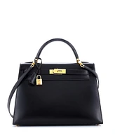 Pre-Owned HERMES Kelly Handbag Black Box Calf with Gold Hardware