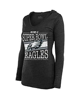 Majestic Women's Heather Charcoal Philadelphia Eagles Super Bowl Lix Dapper Tri-Blend V-Neck Long Sleeve Hoodie T-Shirt