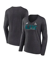 Fanatics Women's Heather Charcoal Philadelphia Eagles Super Bowl Lix Quick Pass Long Sleeve V-Neck T-Shirt