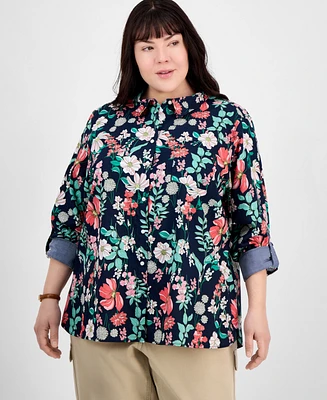 Tommy Hilfiger Plus Floral-Print Cotton Roll-Tab Shirt, Exclusively at Macy's