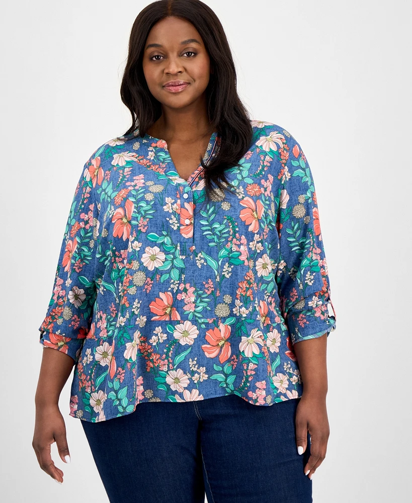 Tommy Hilfiger Plus Floral-Print Popover Tunic, Exclusively at Macy's
