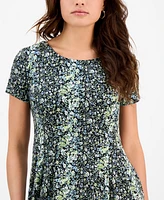 Connected Petite Printed Round-Neck Fit & Flare Dress