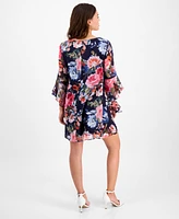 Connected Petite Floral-Print Bell Flare-Sleeve Dress