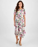 Connected Petite Printed Asymmetric Flutter-Sleeve Dress
