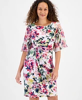 Connected Petite Printed Ruched-Waist Flutter-Sleeve Dress