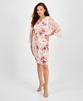 Connected Petite Floral-Print Ruched Cape-Sleeve Dress