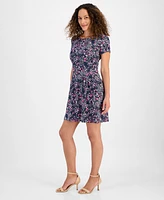 Connected Petite Floral Short-Sleeve Fit & Flare Dress