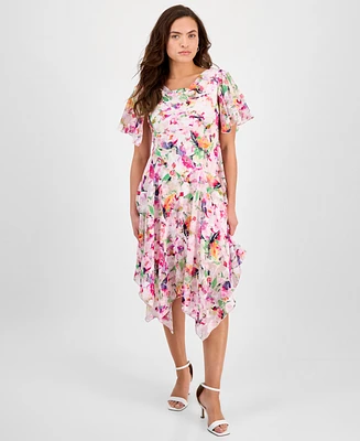 Robbie Bee Women's Floral Clip-Dot Cowlneck Asymmetric Dress