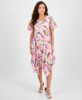 Robbie Bee Women's Floral Clip-Dot Cowlneck Asymmetric Dress