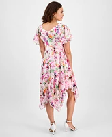 Robbie Bee Women's Floral Clip-Dot Cowlneck Asymmetric Dress