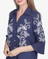 Alfred Dunner Petite Nantucket Embroidered Marine Button Front Collared Neckline Top