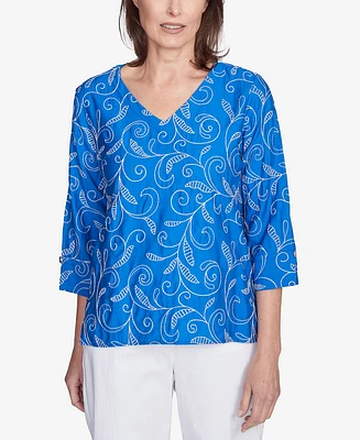 Alfred Dunner Petite Parrot Cay Scroll Embroidered Cuff Sleeve Top