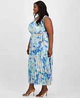 Sandra Darren Plus Printed Pleated Tie-Waist Dress