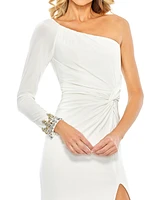 Women's One Sleeve Beaded Cuff Side Twist Gown