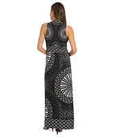 London Times Women's Printed V-Neck Sleeveless Maxi Dress