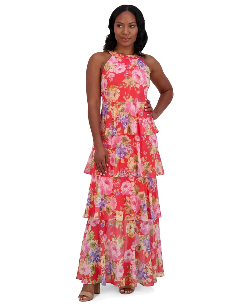 Jessica Howard Women's Floral-Print Tiered Halter Gown