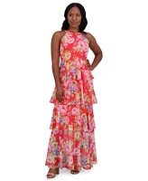 Jessica Howard Women's Floral-Print Tiered Halter Gown