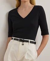 Lauren Ralph Petite Stretch Cotton Elbow-Sleeve V-Neck Tee
