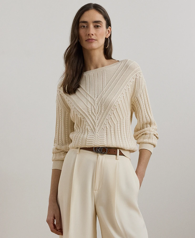 Lauren Ralph Petite Cable-Knit Cotton-Blend Boatneck Sweater