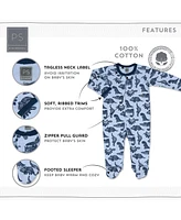 The Peanutshell Baby Sleep N Play Footed Pajamas for Boys or Girls, Dinosaur, Blue, 3 Pack, Newborn to 9 Months