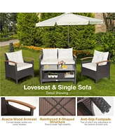 4 Pieces Patio Rattan Furniture Set with Cushioned Sofa and Storage Table