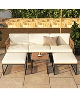 6 Pieces Acacia Wood Patio Furniture Set with Coffee Table and Ottomans