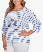 Hearts Of Palm Plus Making Waves Beach Scene Drawstring 3/4 Sleeve Top