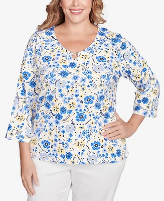 Hearts Of Palm Plus Making Waves Printed 3/4 Sleeve Top