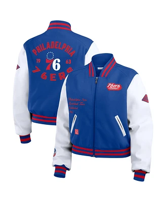 Wear by Erin Andrews Women's Royal/White Philadelphia 76ers Cropped Varsity Full-Zip Jacket