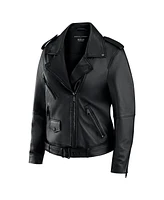 Wear by Erin Andrews Women's Rebecca Minkoff x Black Super Bowl Lix Fanatics Exclusive Tabitha Oversized Leather Asymmetrical Moto Full-Zip Jacket