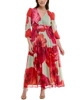 Taylor Plus Floral-Print Twist-Waist Tiered Dress