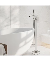 Freestanding Bathtub Faucet Bathtub Tub Filler Floor Mount Bathroom Faucets Brass Single Handle Tub Faucet with Handheld Spray, Brushed Nickel