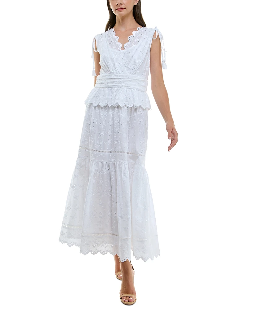Taylor Women's Cotton Eyelet-Embroidered Tiered Dress
