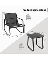 Gymax 3 Piece Rocking Bistro Set Patio Furniture Set w/ 2 Rocking Chairs & Glass-Top Coffee Table