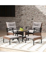 Gymax 5PCS Wicker Patio Furniture Set Rattan Chairs w/ 2-Tier Tempered Glass Side Table