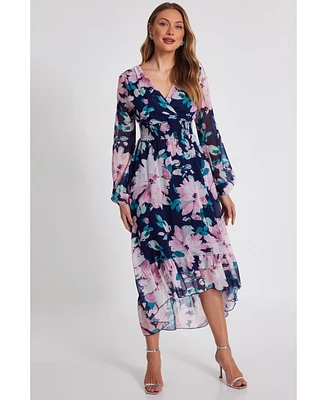 Quiz Women's Floral Chiffon Glitter Long Sleeve Maxi Dress