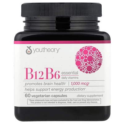 Youtheory Vitamin B12 B6, Daily Energy and Brain Support Supplement, Vegetarian Capsules, 60