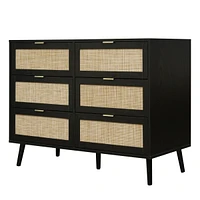 Rattan 6 Drawer Dresser Modern Closet Dressers Chest of Drawers Storage Cabinet with Drawers Entryway Cabinet for Living Room, Black