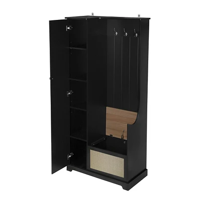 Modern Coat Rack and Bench Storage Cabinet Hall Tree Entryway Cabinet with Flip Board Bench Closet Storage Organizers, Black