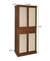 Tall Storage Cabinet with Drawers 4 Rattan Door Storage Cabinet with Adjustable Shelf Freestanding Cupboard for Kitchen Living Room, Brown